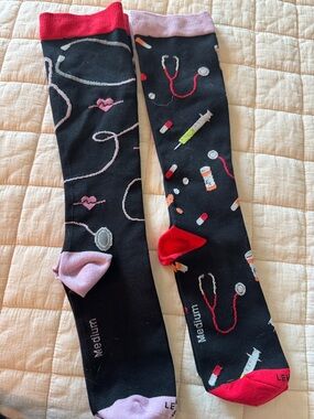 Levsox Medical-Themed Black Knee-High Compression Socks with Pink & Red Accents